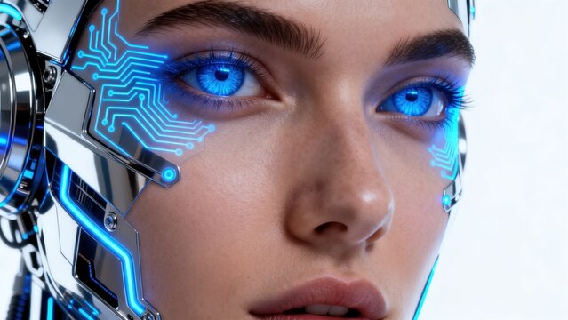 Cyborg face with glowing blue eyes
