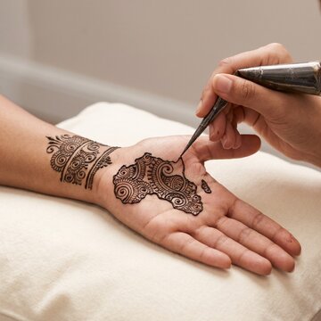 Henna artist applying intricate design of Africa on woman's hand  