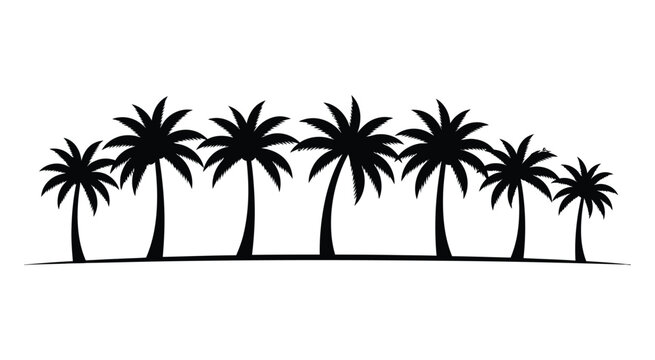 Set of black palm tree silhouettes in a row isolated on transparent background landscape design elements for tropical beach themed graphics tourism banner or summer travel artwork vector illustration.