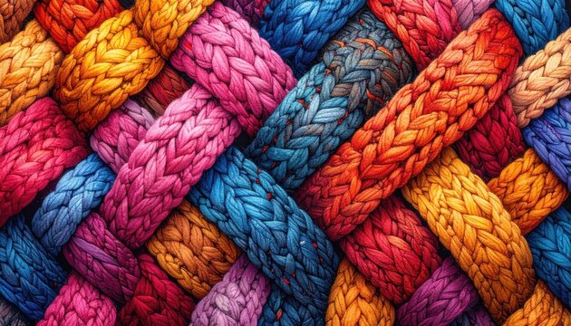 Detailed close-up of a colorful twisted rope showing intricate fiber texture and nautical cordage pattern against an abstract brown background