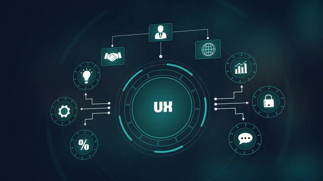 Advanced digital user experience UX interface design, global business network with glowing icons, professional technology visualization and creative data flow.