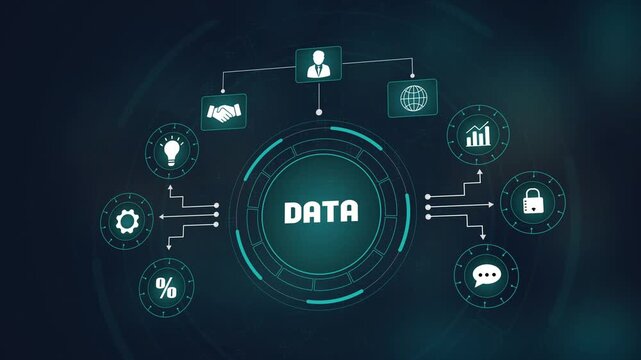 Advanced digital data management technology interface, global business network with glowing icons, secure information analysis and innovative database flow.