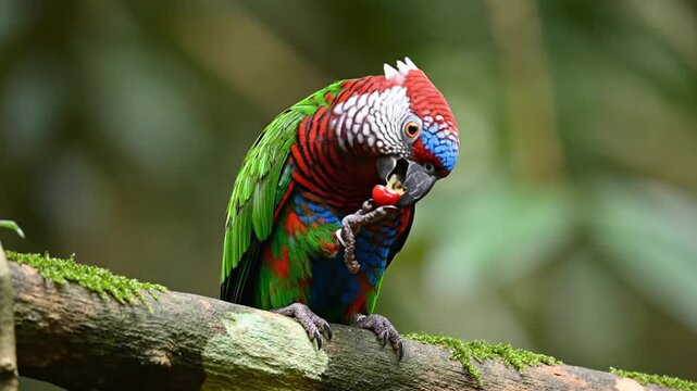 Stunning close up of a wild red fan parrot perched on a mossy tropical tree branch eating fruit in the Amazon jungle, exotic hawk headed bird with vibrant colorful plumage and unique crest feathers.