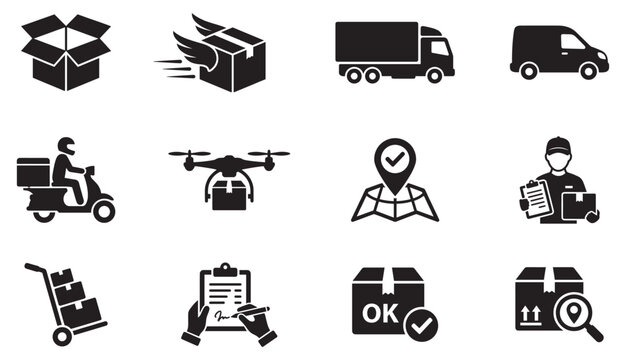 Delivery and logistics icon set. Shipping and transportation symbols. E-commerce distribution service. Parcel tracking and courier icons. Vector illustration. Vector Graphic. EPS 10