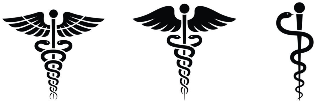 Healthcare and pharmacy icon set featuring medical cross, caduceus, rod of Asclepius, Star of Life, and bowl vector symbols