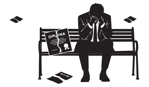 Unemployed Depressed Man with Broken Diploma and Resume