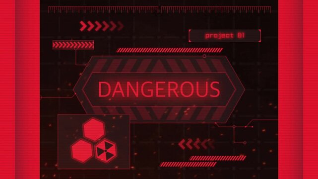 Animation red HUD frame techniology with text DANGEROUS.