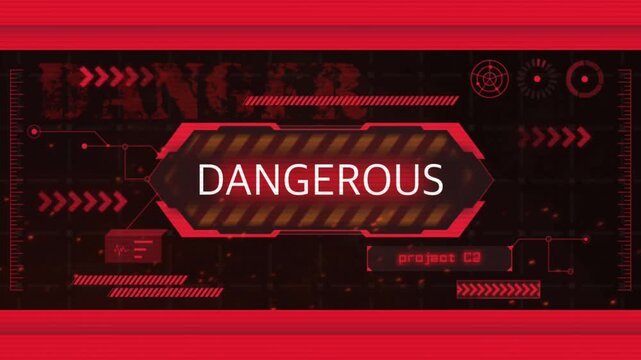 Animation red HUD frame techniology with text DANGEROUS.