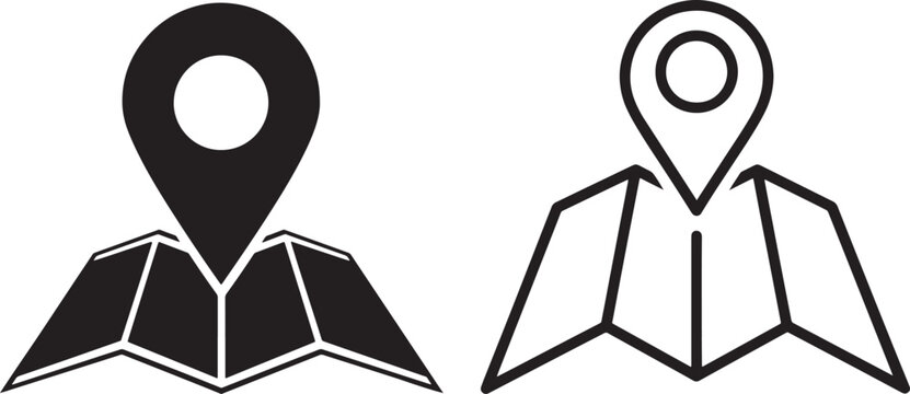 Map icon set. Featuring folded maps with location pins. solid  art and Line styles.