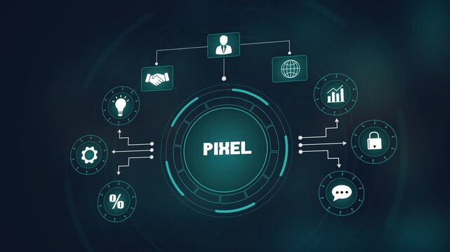 Advanced digital pixel technology system interface, global business network with glowing icons, secure data visualization and innovative information flow.