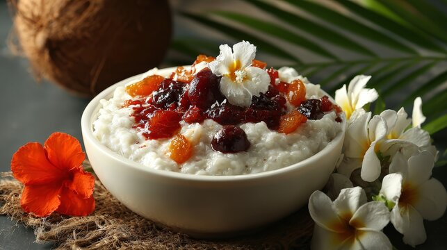 Coconut rice pudding topped with dried fruits and fresh tropical flowers sits in a bowl.