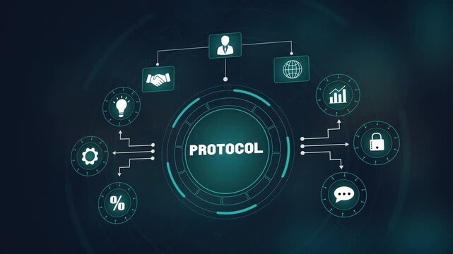 Advanced digital communication protocol system, global network interface with glowing icons, secure business data transfer and technology connection.