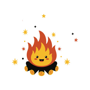 Cute happy campfire character with a smiling face and sparkles