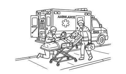 Emergency Medical Paramedics Stretcher Scene Coloring Page Hand Drawn Vector Illustration © Shaha