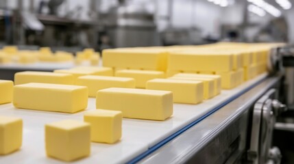 Fototapeta premium Production Line in a Factory Showcasing Butter Blocks on a Conveyor Belt Under Bright Industrial Lighting
