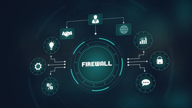 Advanced network firewall security system, digital cyber protection with glowing icons, secure global business connection and data safety.