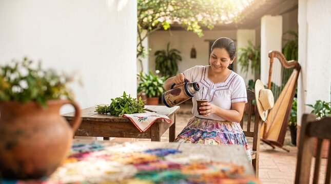 Woman pouring mate from a thermos into a gourd in a sunny courtyard