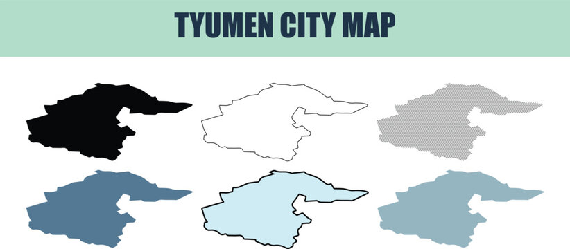 Tyumen city map in six style fill stock fill stock and line art variations against a white background
