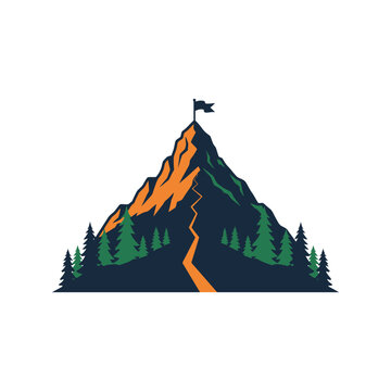 Mountain peak with a flag on top and a winding trail through a pine forest representing success and outdoor adventure
