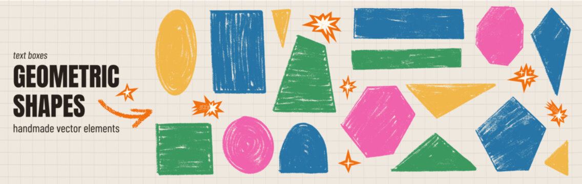 Chalk shape tag and figure callout in crayon pencil texture for school notebook. Geometric shapes and tag set with hand drawn star sticker. Vector kids colorful set with abstract figure isolated pack.