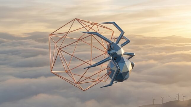 Geometric Wireframe Hyperboloid and Solid Beryllium Spider, 14-Gigapixel