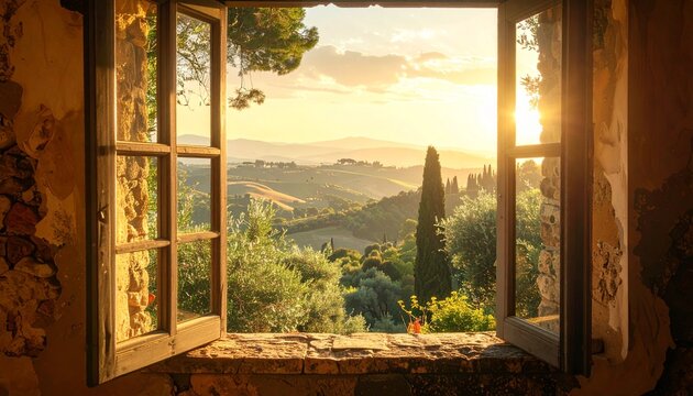 Fensterblick auf toskanische Landschaft