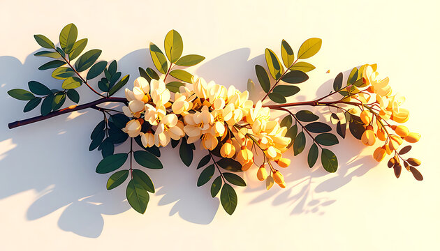 Delicate sprig of flowering locust tree with green leaves casting a soft shadow on a clean white surface, natural spring beauty, organic element