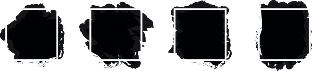 A striking set of four square frames featuring distressed high-contrast black ink brush stroke borders. These bold graphic assets provide a rugged artistic aesthetic suitable for posters social media  © Nazmul