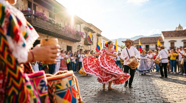 Colombian dancers in traditional attire celebrating on a cobblestone street