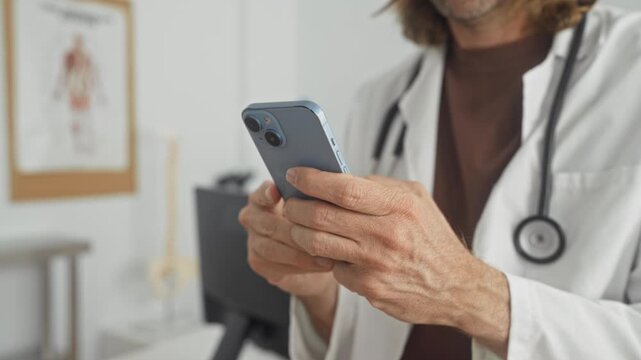 Man doctor holding smartphone with visible hands checking messages in clinic building; professional focus.