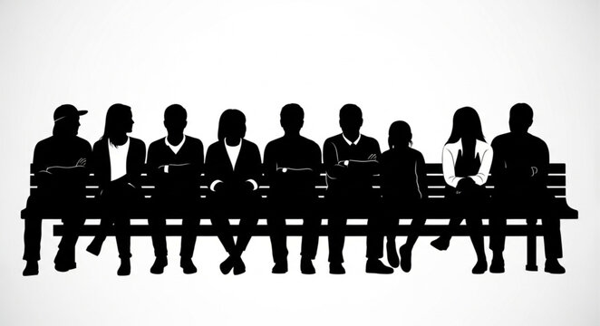 Silhouette of Businesspeople Sitting on Bench in a Row.