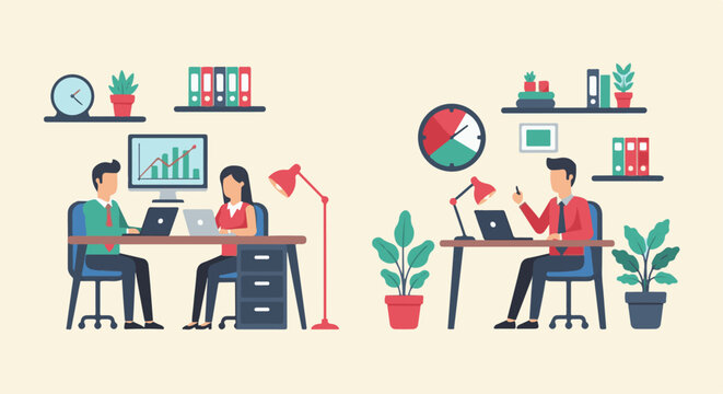 Two people working in an office with computers, plants, and shelves of binders and clocks