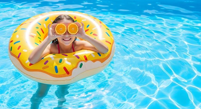 Colorful summer fun woman relaxing on a donut float in a sparkling blue pool