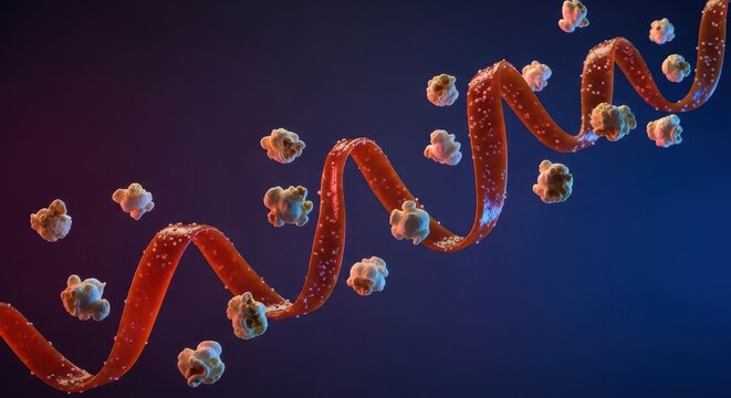 Virus particles and red protein structure.