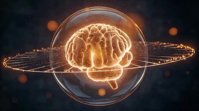 Glowing human brain inside transparent sphere with golden orbit rings, neural activity, science technology and intelligence concept