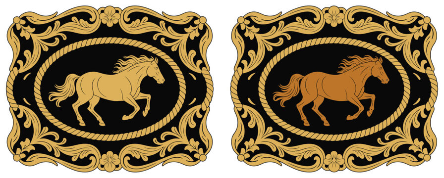 Horse label belt buckle vector illustration in western rodeo cowboy ranch style with gold and silver silhouettes and classic rodeo motifs