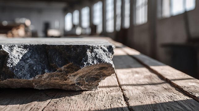 Rough Stone Slab Resting on Weathered Wooden Table in Industrial Workshop.