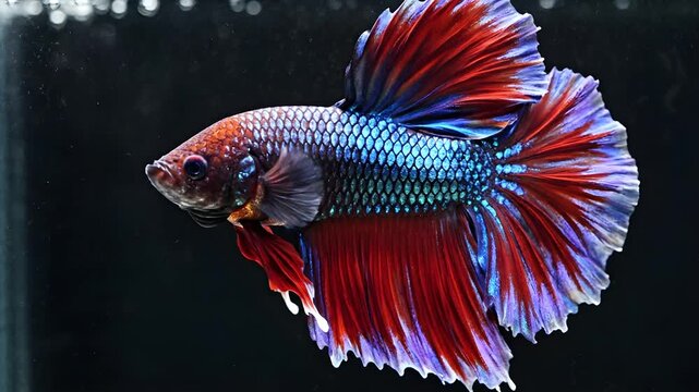 Macro close-up of a vibrant Betta splendens fish swimming against a stark black background, showcasing intricate red and blue iridescent scales and flowing fins under soft side lighting