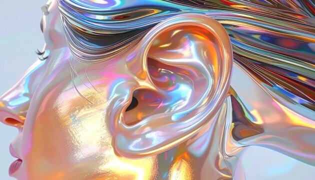 Iridescent Futuristic Sculpture of a Human Head and Ear.