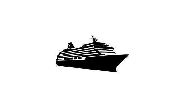 A modern vector silhouette of a cruise ship in dynamic perspective, isolated on a solid white background. The ship is shown at a slight angle moving forward, with layered decks and a bold hull shape c