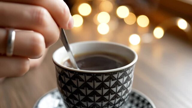 Stirring coffee in a patterned cup.