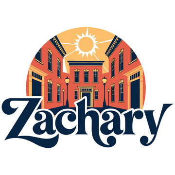 Vintage Style Illustration for the Name Zachary Featuring a Historic City Street with Red Brick Buildings, Retro Street Lamps, and a Bright Sun Graphic
