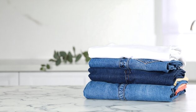Stack of folded apparel items, including blue denim and white fabrics, atop a light-colored countertop with a white backdrop. A plant adds visual contrast
