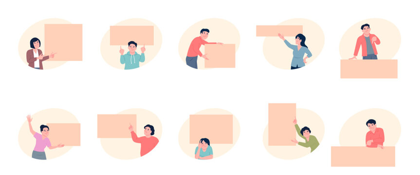 People point empty banners. Male female characters pointing with fingers. Marketing, advertising character with copy space, product design recent vector set