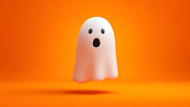 Spooky yet cute 3D rendered cartoon ghost character with a surprised expression floating against a vibrant orange background, ideal for Halloween celebrations and autumn themes