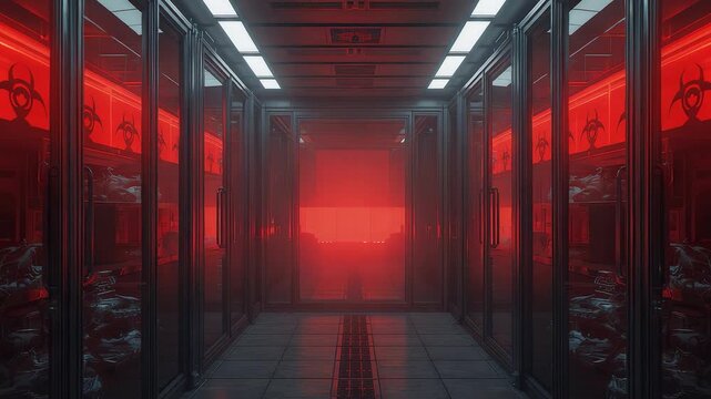 Red illuminated data center corridor with server racks, glowing panels, cooling aisle and secure cloud computing infrastructure