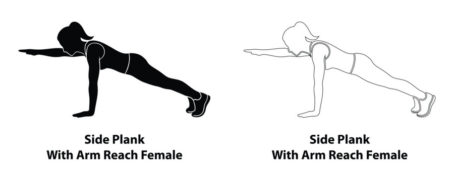 Female side plank with arm reach exercise illustration showing a black silhouette and a line art outline for fitness, core strength, and home workout.