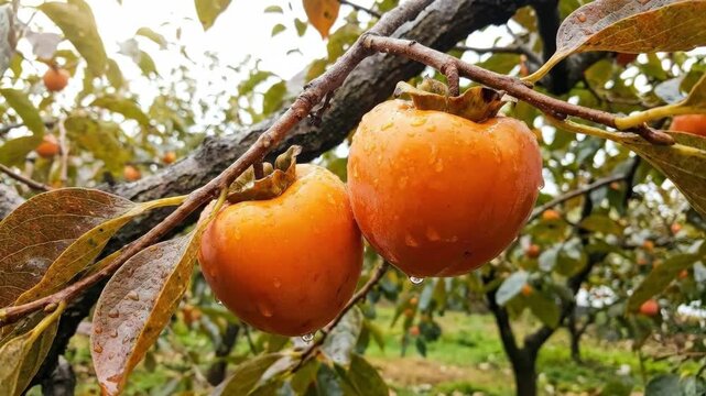 Two ripe persimmons hanging on branch with water droplets, fresh orchard fruit close up and natural outdoor light, no logos