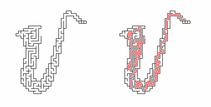 Saxophone shaped maze puzzle with solution path showing red line on white background