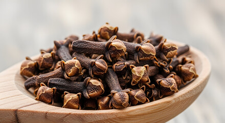 Obraz premium A wooden spoon filled with dried and crushed clove buds on a blurred background